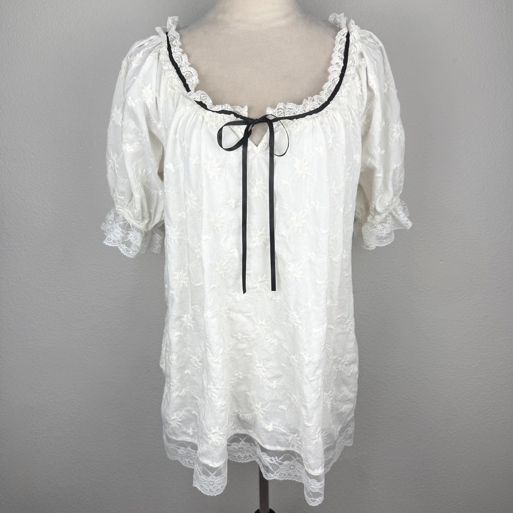 Free People Juno Embroidered Babydoll Lace Trim Mini Dress Ribbon Tie Sz Small
